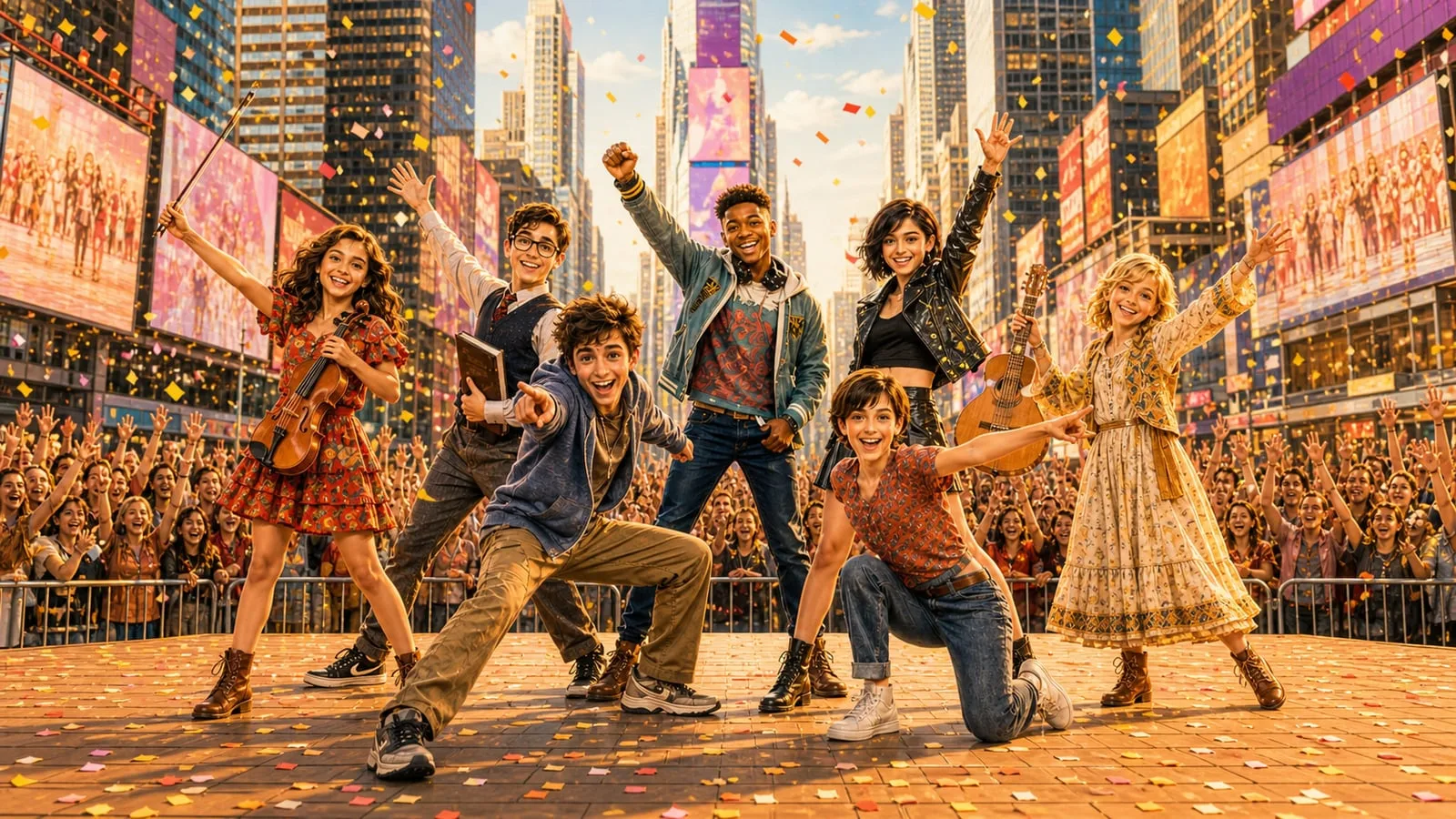 The JEWISH ensemble performing on a Times Square stage