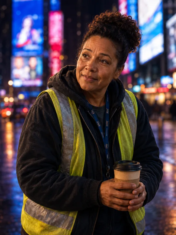 Felicia, a night-shift worker in a reflective vest, holding a coffee on a ledge at the edge of a neon-lit Times Square at night