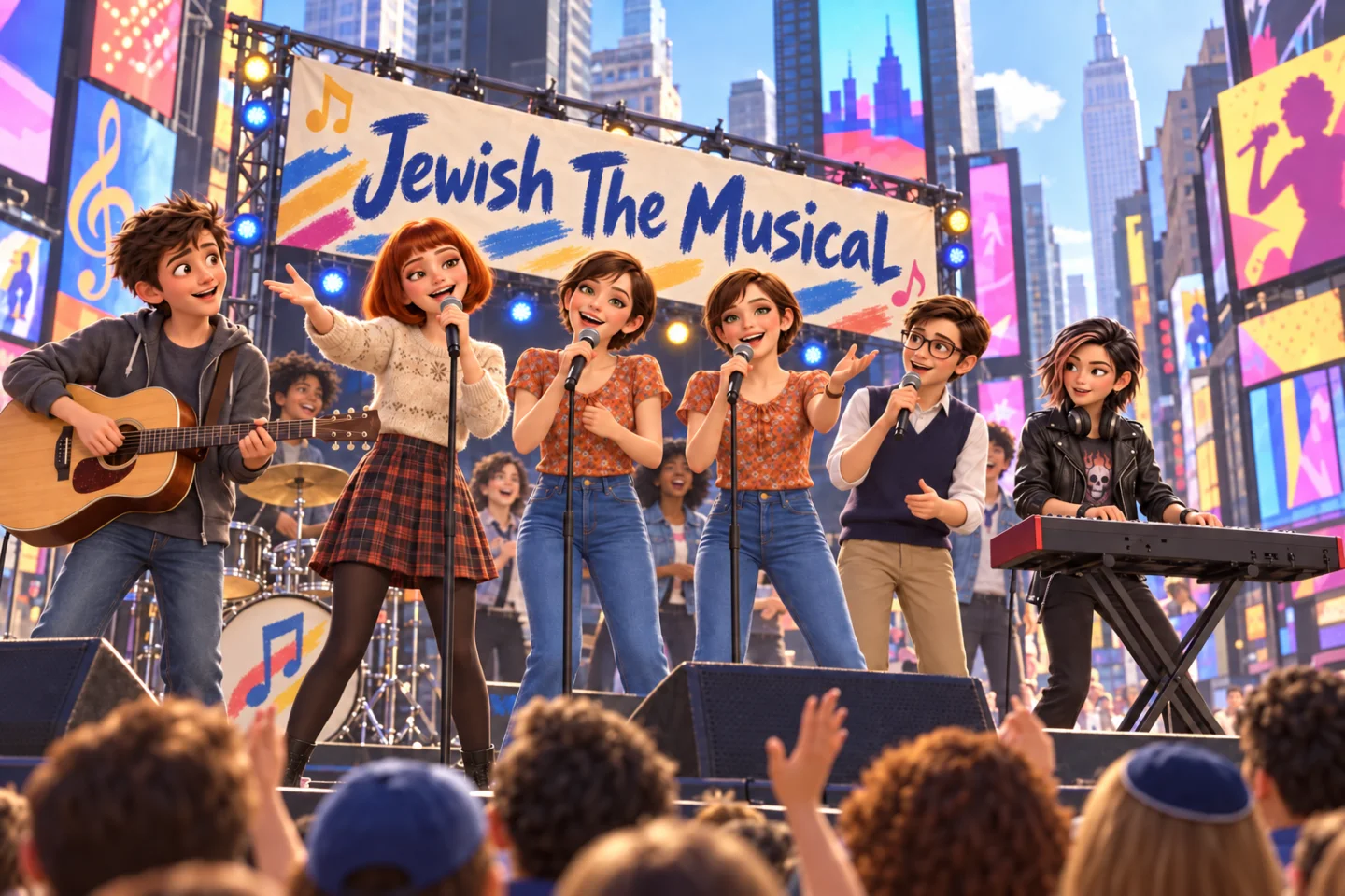 The student ensemble performs Jewish The Musical on a sunlit Times Square stage during the competition final.